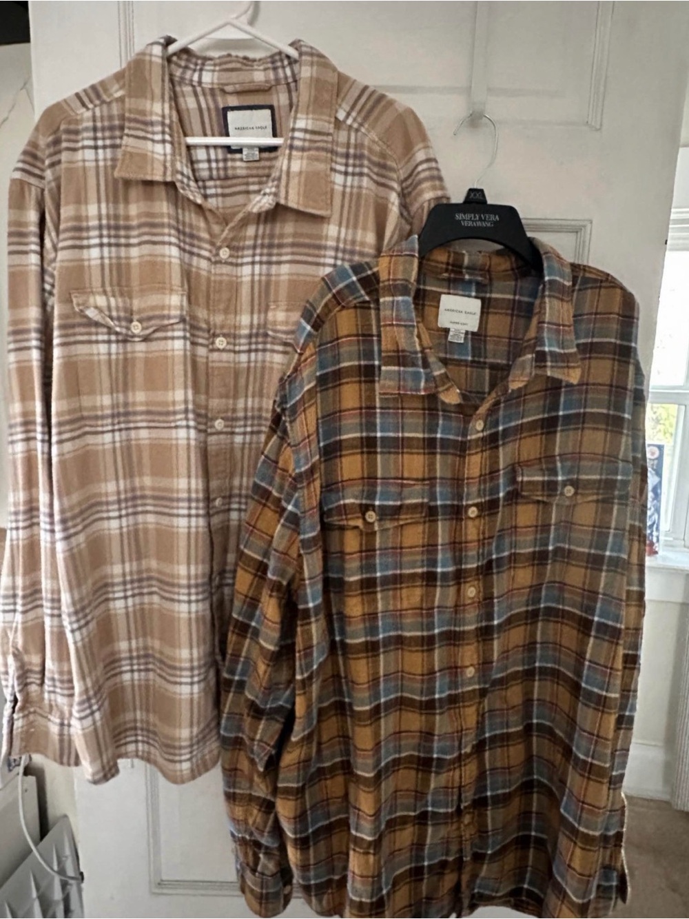 American Eagle Outfitters Plaid Button-Down Shirt in Tan and Blue